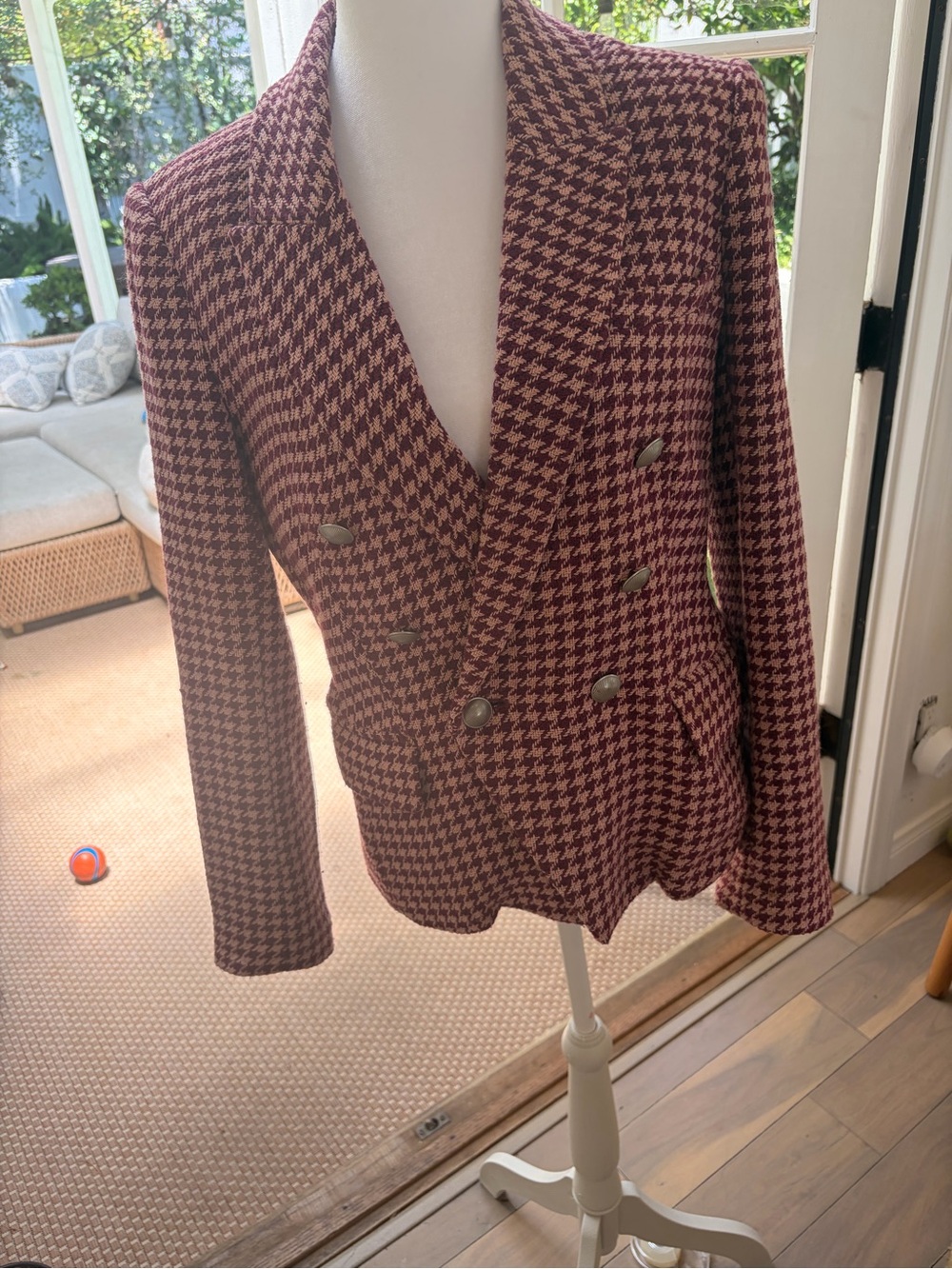 L’agance Double-Breasted Houndstooth Blazer in Burgundy and blush - Kenzie